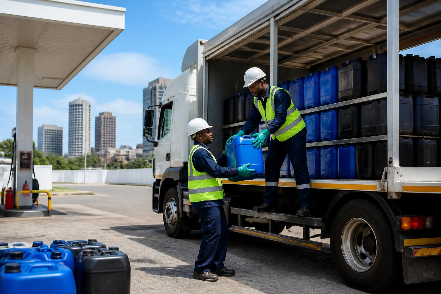 Équipe logistique chargeant des bidons de combustible sur un camion de distribution