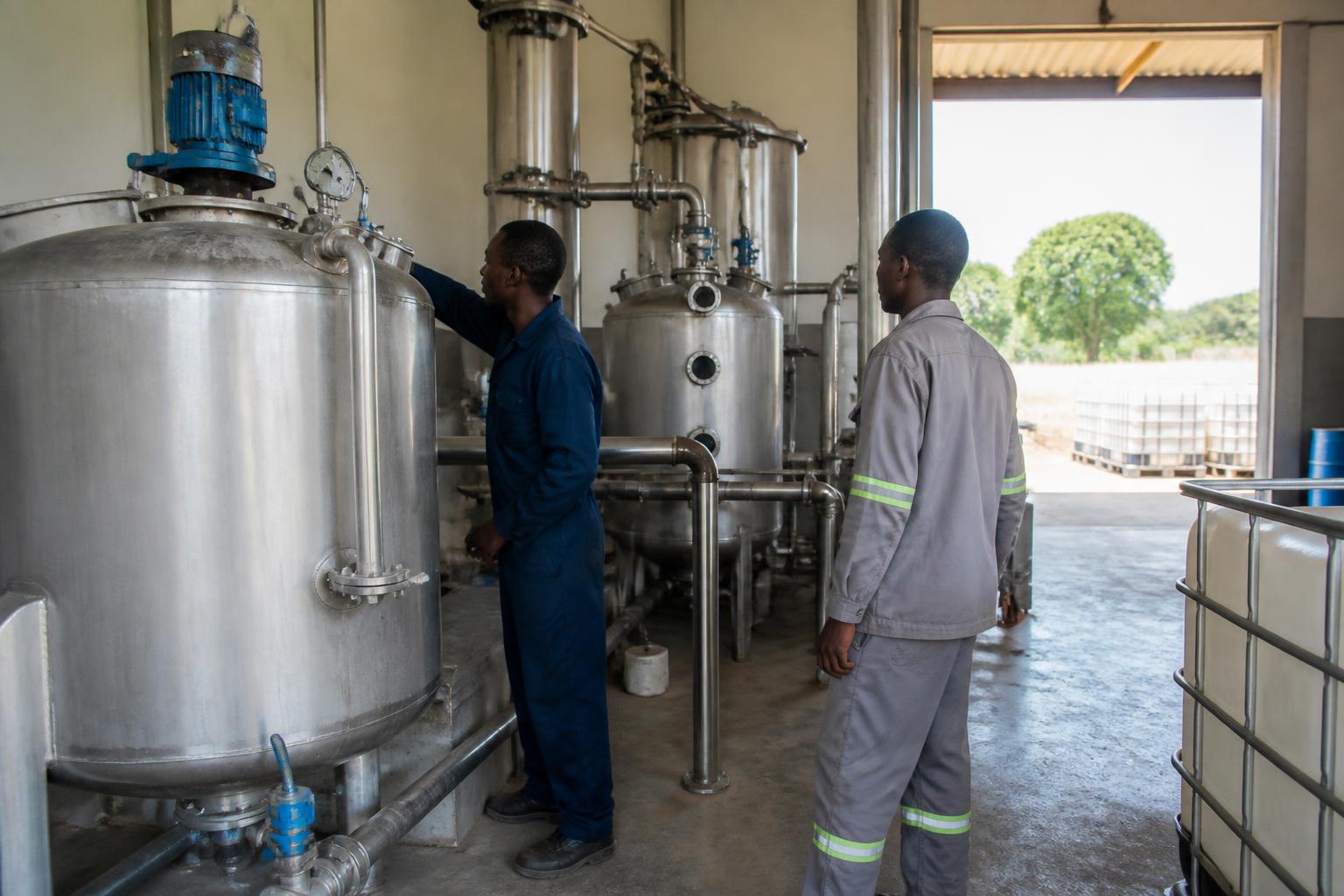 Techniciens inspectant des cuves et des conduites dans une unité de transformation