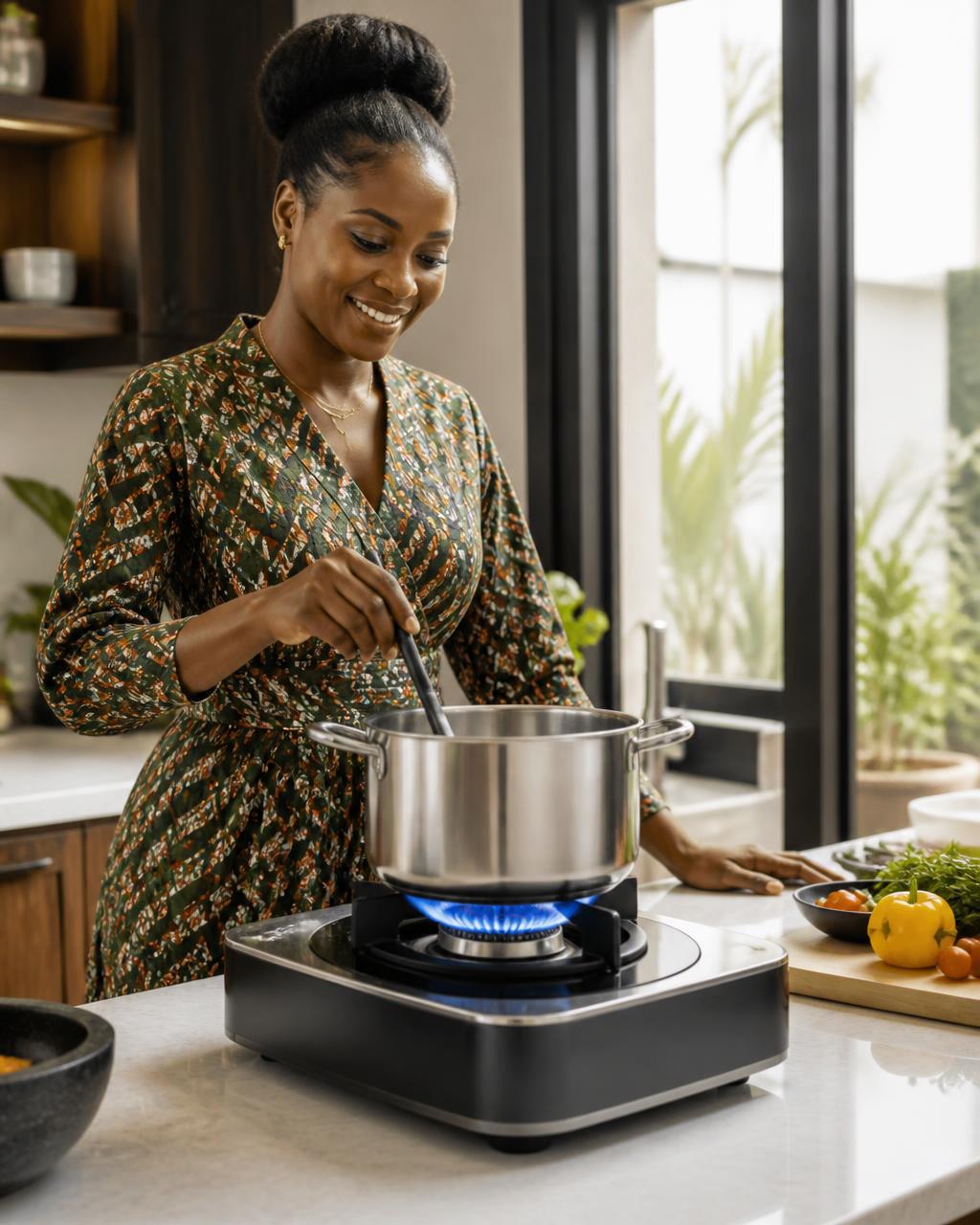 Ménage utilisant un foyer de cuisson propre alimenté au bioéthanol